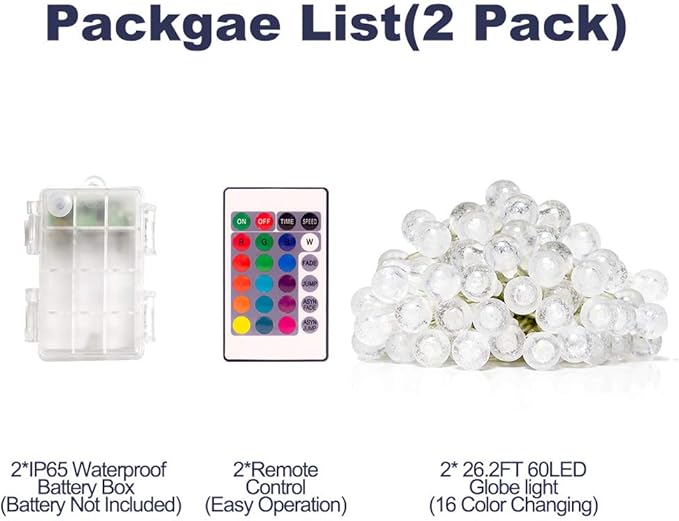 Coloured Globe String Lights Battery Operated，2 Pack 26.2FT 60 LED 16 Colour Changing Water Proof Crystal Ball Outdoor String Lights with Remote Control for Home, Patio,Party, Christmas, Garden Decor