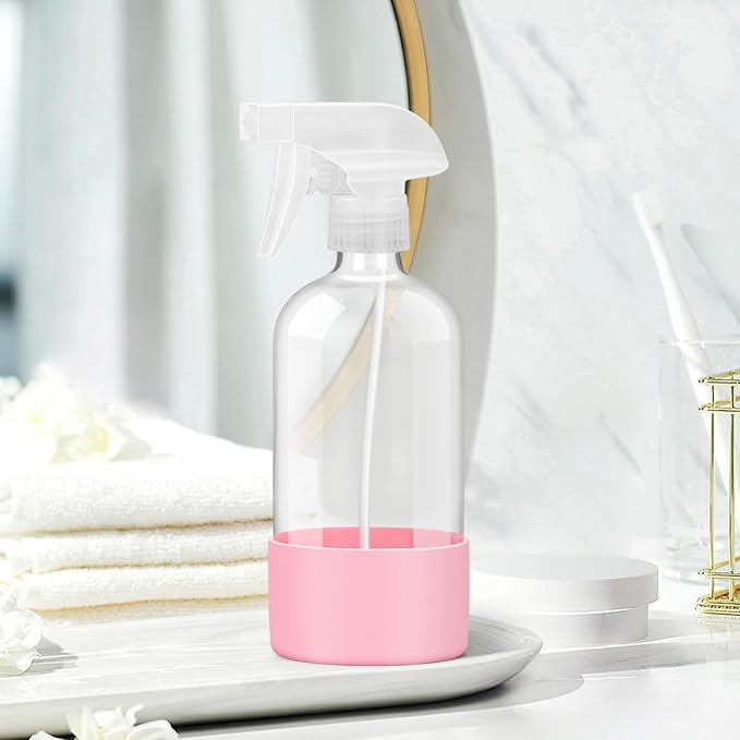 Glass Spray Bottles with Silicone Sleeve Protection, Empty 16 oz Refillable Containers, Reusable Spray Bottles with Adjustable Nozzle for Hair, Cleaning Solutions, 3 Pack Pink