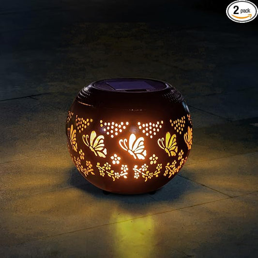 VEWOGARDEN 2 Pack Solar Lanterns Outdoor Waterproof Solar Lantern Hollow Out Metal Butterfly Lantern Solar Lights for Patio Garden Table Decor