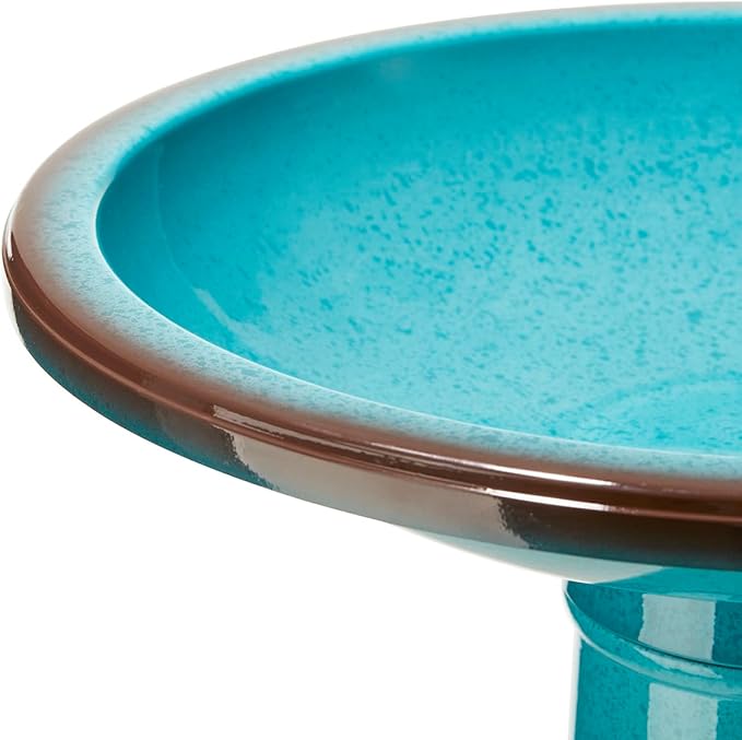 Glitzhome 21.5" H Plastic Turquoise Faux Ceramic Bird Bath for Outside, Hand-Painted Tall Pedestal Birdbath in Weather Resistant for Outdoor Patio Garden Backyard Decking