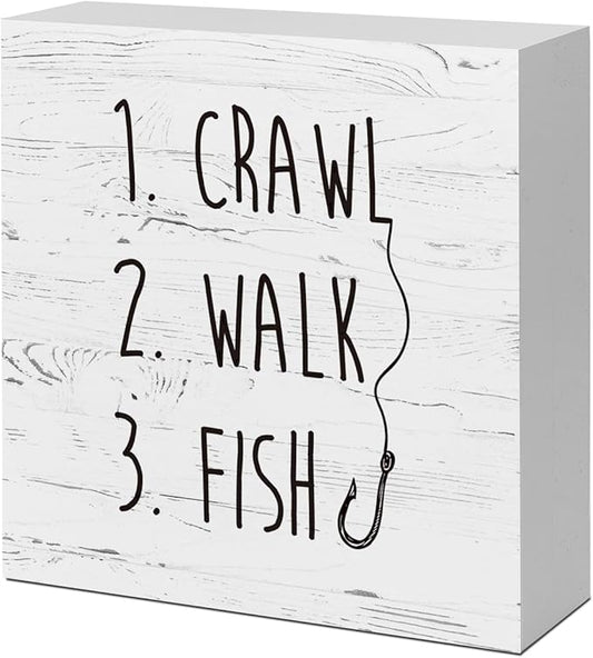 White Crawl Walk Fish Rustic Wooden Sign Desk Decor, Funny Baby Fishing Wood Block Sign for Home Bedroom Baby Room Shelf Table