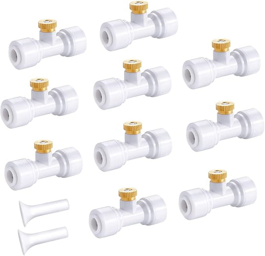 HOMENOTE 10 Pack Brass Misting Nozzles for Outdoor Cooling System, Mister Replacement Nozzles Tee and Plugs for 1/4" Tubing