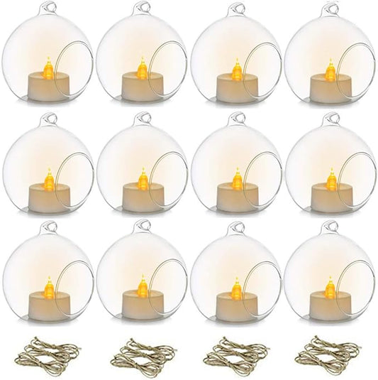 12 Pcs 3.15"/ 8cm Hanging Glass Tealight Holder Globe with LED Tealight, Plant Terrariums Glass Orbs Air Plants Tea Light Candle Holders Home Decor Indoor Outdoor Garden DIY Gifts (12 Pcs)