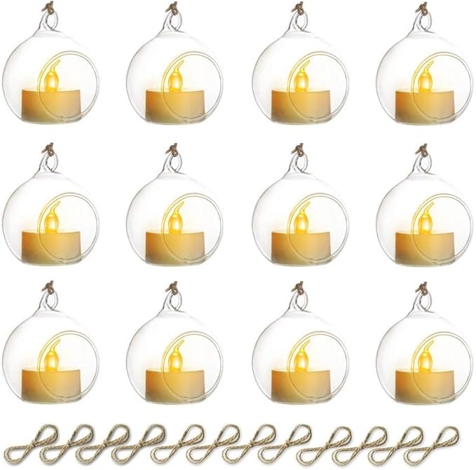 Sziqiqi Hanging Glass Globes Orbs Tea Light Candle Holders with Flameless LED Tealight for Wedding Ornaments, Wedding Birthday Christmas Party Centerpiece Accessory 2.36inch 10pcs +2 Extra