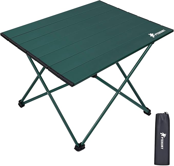 PTEROMY Medium Folding Camping Table, Portable Beach Table with Ultralight Aluminum Tabletop for Travel, Outdoor, Camping, Picnics, and BBQs (Green)