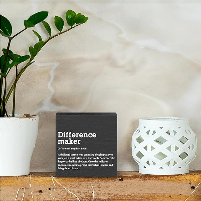 Difference Maker Definition Wooden Box Sign, Rustic Inspirational Home Office Decor, 5 x 5 Inches, Black, Square