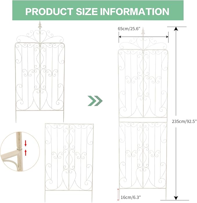 Sungmor 2 Pack Large Garden Trellis for Climbing Plants, 92.5 Inch Tall Rustic White Garden Metal Trellis, Decorative Trellis for Outdoor Rose Vines Cucumbers Support, Greenhouse, Flowerbed, Backyard