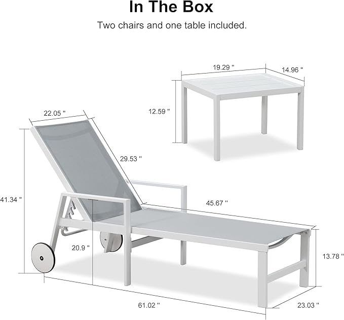 PURPLE LEAF Outdoor Lounge Chairs Set of 4 White Aluminum Chaise Lounge Chair Outdoor with Wheels and Armrest for Patio Deck Pool Side Table Include, Bluish-Gray