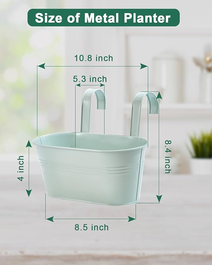 vensovo Metal Railing Planter for Outdoor Plants - 3 Pack Balcony Hanging Flower Pots with Detachable Hooks and Drain Holes Oval Bucket Rail Box Fence Planters for Home Garden Decor, Light Green