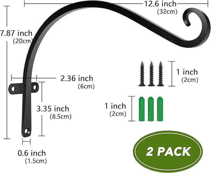 HOOPLE Plant Hangers Outdoor Heavy Duty 2 Pack, Extra Long 12 Inch Cast Iron Hanging Plant Bracket, Metal Black Plant Brackets Hook for Hanging Flower Baskets, Hanging Bracket, Elegant Design