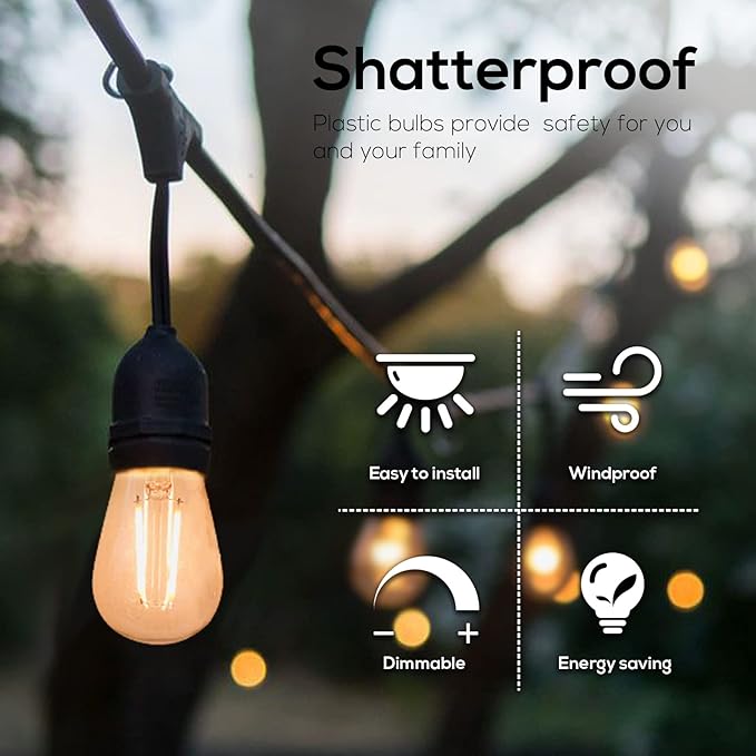 Banord 15 Pack Dimmable 2W S14 Replacement LED Bulbs, 2700K Warm White Waterproof Outdoor String Lights Vintage LED Filament Bulb, Shatterproof E26 Screw Base Edison Light Bulbs