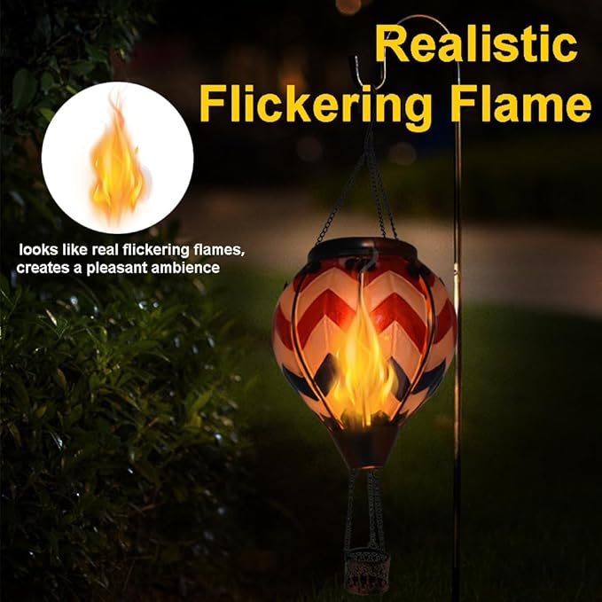 Hot Air Balloon Solar Lantern with Flickering Flame, Glass Hanging Garden Lights Outdoor Waterproof for Tree Yard Patio Mother's Day Gift, 18" H Wavy-Blue Red White