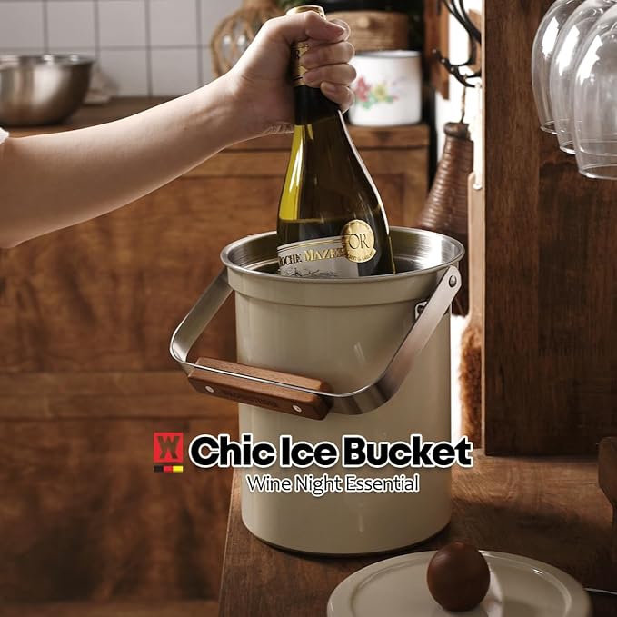 Kitchen Countertop Compost Bin 101ounces / 3Liters, Airtight Lid SUS304 Stainless Steel Odor-Free Food Waste Bin with Wooden Handle Stylish Design Bathroom Trash Can (Off-White)