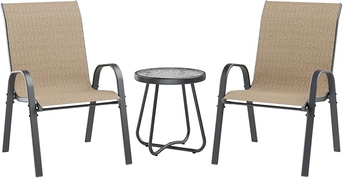 UDPATIO Patio Dining Set of 3, Outdoor Table and Chairs Set with Glass Table, 2 Stackable Patio Chairs with High Back, Outdoor Furniture Sets for Deck Garden Backyard Lawn Poolside (Brown)