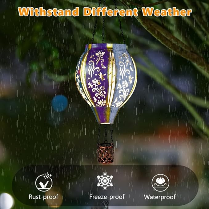 Starsoul Hot Air Balloon Solar Lantern with Flower Projection Metal Outdoor Waterproof Hot Air Balloon Solar Lights Hanging Lantern for Garden Yard Patio Decor