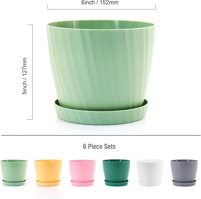 6 Inch Plant Pots Bulk, 6 Pack Plastic Planters with Drainage Holes and Saucers for Indoor Outdoor House Plants and Flowers, Colorful