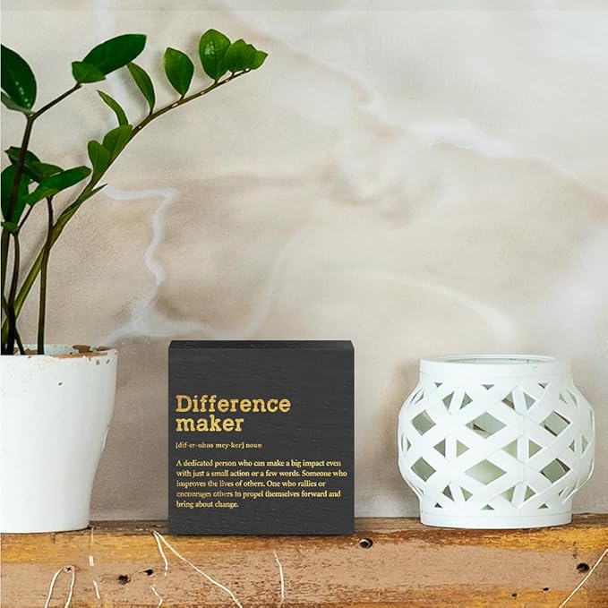Difference Maker Definition Home Office Decor Wooden Box Sign, Appreciation Gifts for Teacher Nurse Boss Coworker Cubicle Desk Accessories Table Shelf Plaque Sign, Motivational Wall Decor, Black