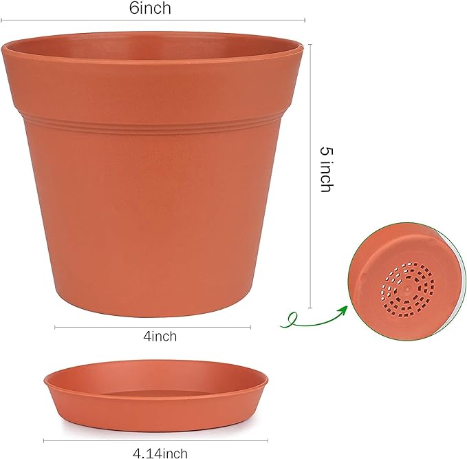 Homenote Pots for Plants, 15 Pack 6 Inch Plastic Planters with Multiple Drainage Holes and Tray - Plant Pots for All Home Garden Flowers Succulents (Terra Cotta)