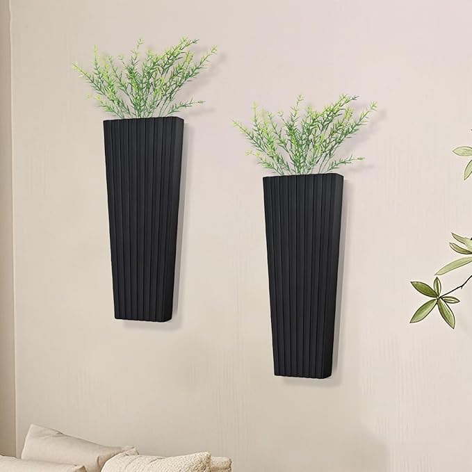 2Pack Black Wood Wall Planter for Indoor +2Pack Green Plants,Modern Wooden Hanging Planter for Dried Flowers and Plants,Abstract Vase Farmhouse Wood Wall Decor (Black)