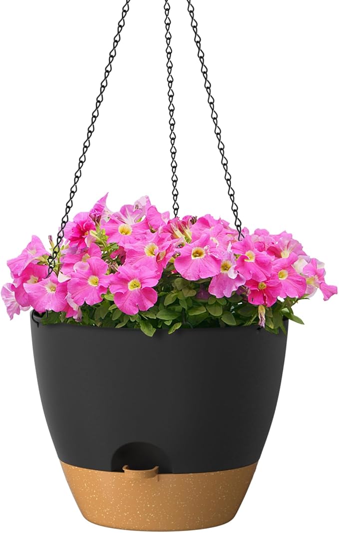 ZMTECH 12 Inch Hanging Planters for Indoor Outdoor Plants, 1 Pack Self Watering Hanging Plant Pots with Drainage Holes and Removable Saucer, Plastic Flower Hanging Pots with Watering Lip (Black)