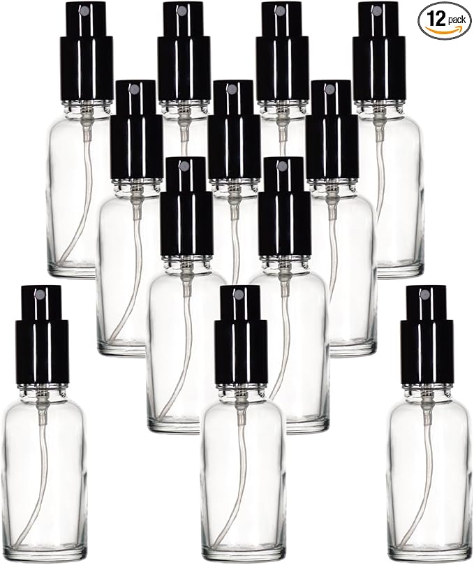YIZHAO Clear Glass Spray Bottles 1oz, with Small Fine Mist Spray, Metal Cap, Refillable for Essential Oil,Travel,Cleaning,Perfume,Aromatherapy,Makeup – 12 Pcs