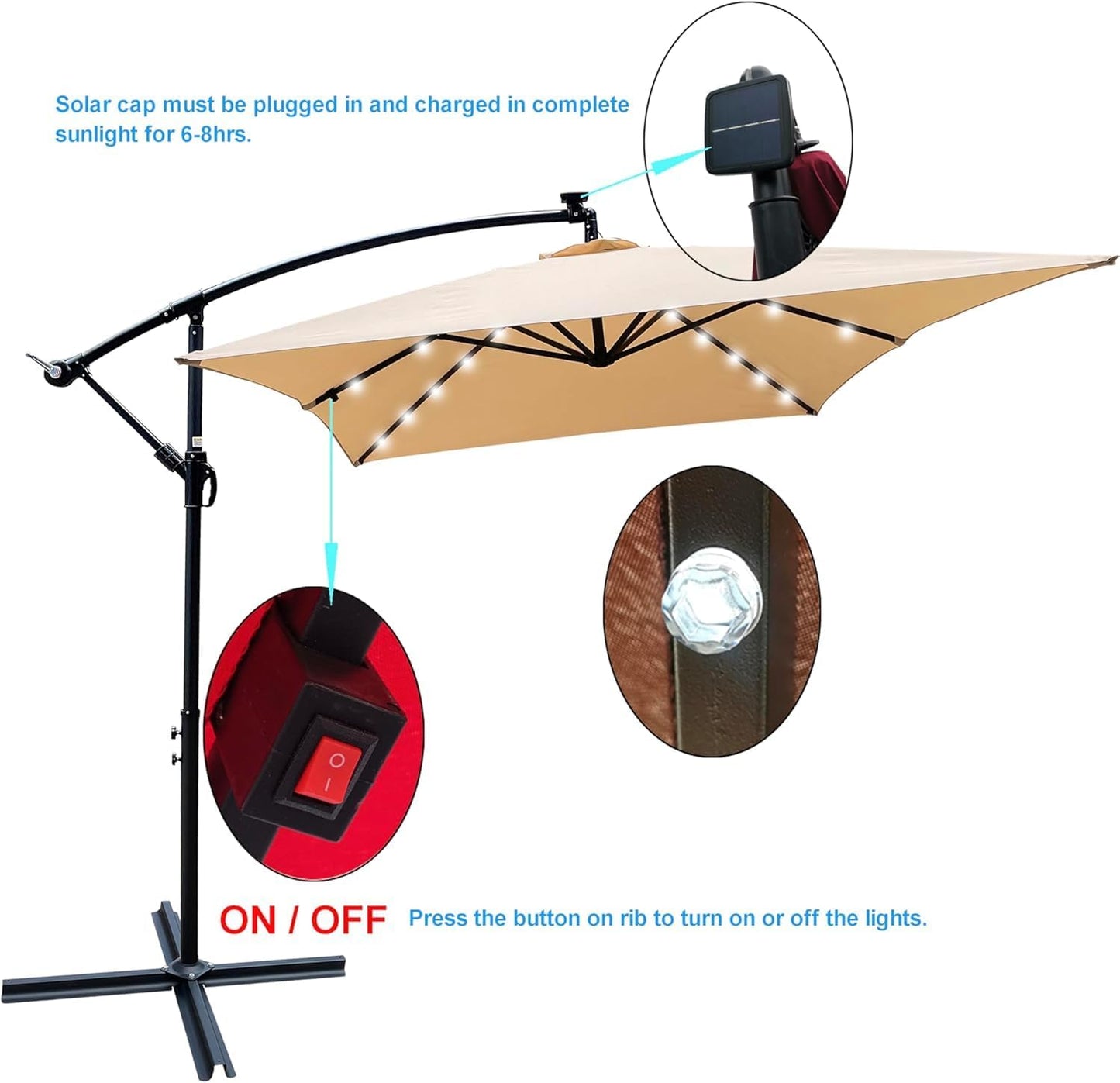 10x6.5FT Patio Umbrella, Outdoor Offset Umbrella with Cross Base and Crank, Rectangular Cantilever Umbrella with Solar Lights, Hanging Market Umbrella with 6 Rids for Pool, Deck, Backyard (Tan)