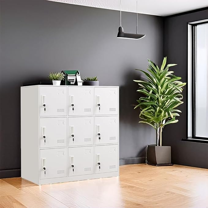 Student Locker Organizer, Multi-Door Steel Locker, Small Locking Cabinet Storage Organizer, Office File Cabinet, Home Locker, Gym Locker, Metal Storage Locker - Gray and White (9 Door, White)