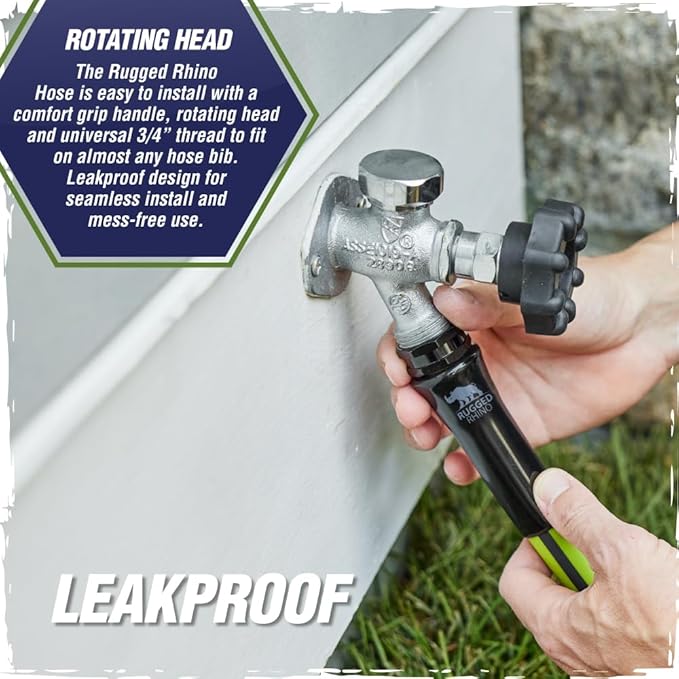 Rugged Rhino Heavy Duty Flexible Light Weight Garden Hose, 100ft x 5/8in, 4 Layer Leakproof Outdoor Gardening Tools, Watering Supplies, Powerful Water Pressure for Lawn, Flowers, Green Black