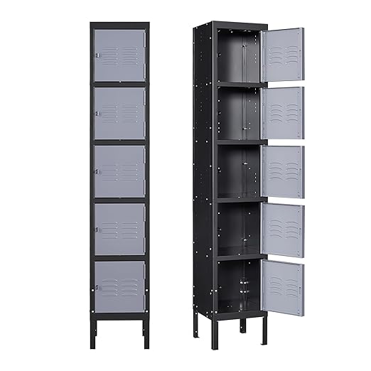 Yizosh Metal Lockers for Employees with Lock, Employees Locker Storage Cabinet with 5 Doors, Tall Steel Storage Locker for Gym, School, Office (Gray Black, 5 Door)