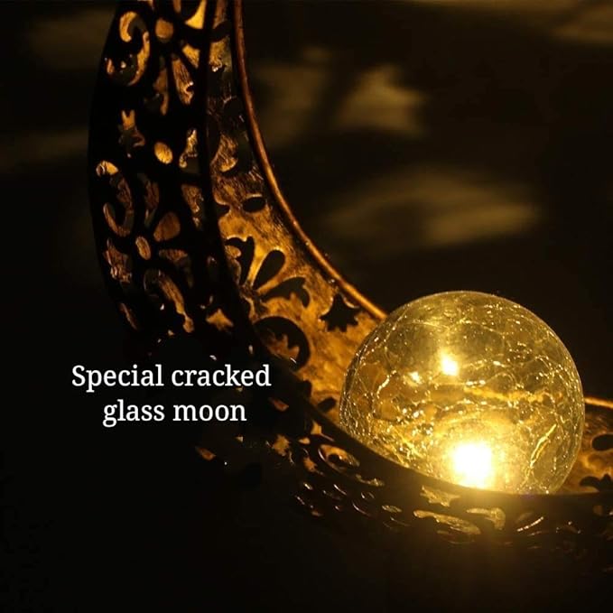 SunKite 2 Pack Garden Solar Light Outdoor Metal Moon Shape Lamp with Waterproof Crackle Glass Globe for Garden,Lawn,Patio,Pathway or Courtyard