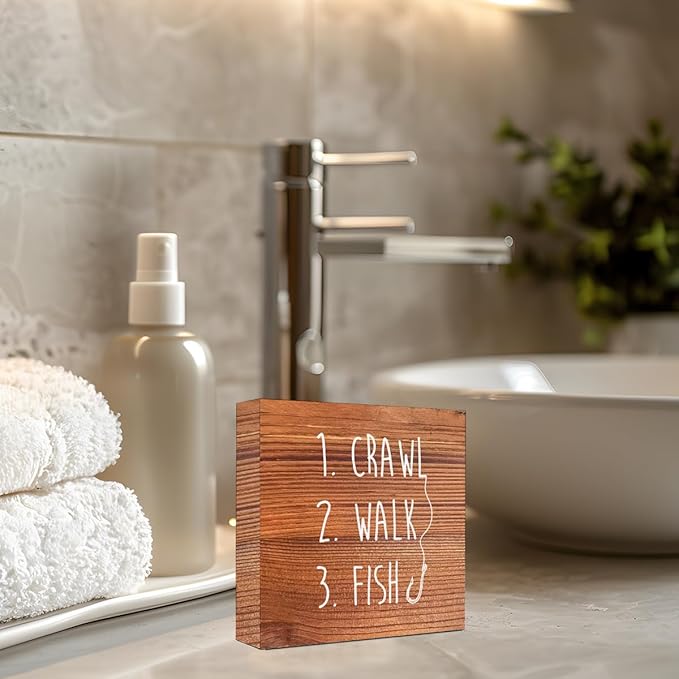 Brown Country Crawl Walk Fish Rustic Wooden Sign Desk Decor,Funny Baby Fishing Wood Block Sign Desk Decorations for Home Bedroom Baby Room Shelf Table Decor