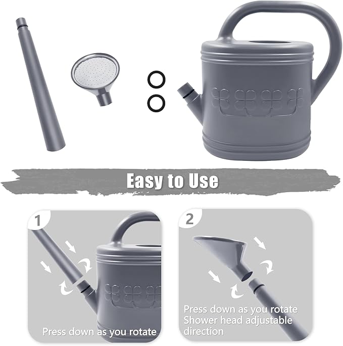 2 Gallon Watering Can, Outdoor Watering Can for Plants, Garden Water Can with Removable Long Spout and Stainless Steel Sprinkler Head, Large Water Can for Greenhouse (Gray, 2 Gallon)