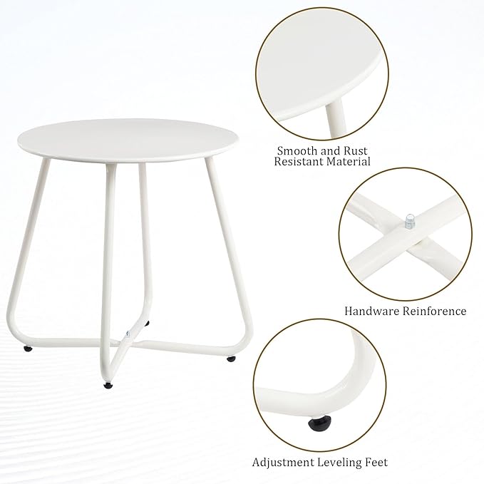 HollyHOME Round Metal Side Table, Rust-Resistant Patio Small Plant Stand, Outdoor 17.32'' Portable End Table for Balconies, Gardens, Living Rooms and Bedrooms, White