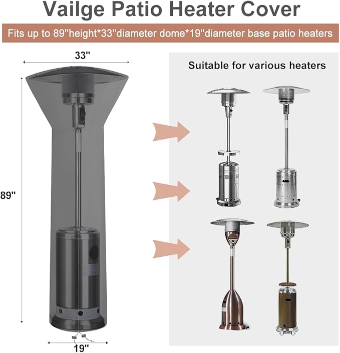 Vailge Patio Heater Covers with Zipper and Storage Bag,Heavy Duty 600D Oxford Waterproof Outdoor Heater Cover Wind-Resistant Dustproof UV-Resistant,Black,89'' Height x 33" Dome x 19" Base