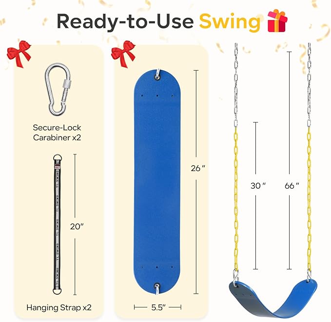 Decorlife Outdoor Swings Seats with 66" Rust-Resistant Heavy Duty Chain, Playground Swing Set Accessories Replacement Anti-Slip Seats, Backyard Swing Support 330lb for Kids or Adults (Blue)