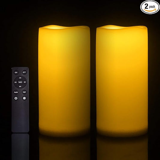 Waterproof Outdoor Flameless Candles with Remote, Set of 2, Large 4” x 8” Battery Operated Electric LED Pillar Candle Set for Home Décor Party Wedding Supplies Garden Christmas Decoration Gift