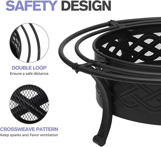 42 Inch Outdoor Fire Pit with 2 Loops,Crossweave Wood Burning Fire Pits for Outside,with Spark Screen,Fire Poker,Round Metal Firepit for Patio,Backyard,Beach,Camping,Bonfire(42''Black)