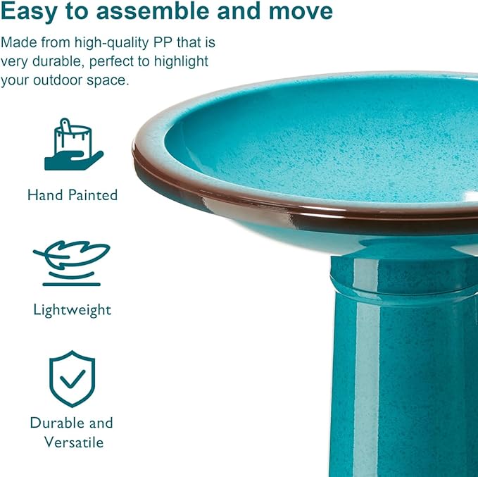 Glitzhome 21.5" H Plastic Turquoise Faux Ceramic Bird Bath for Outside, Hand-Painted Tall Pedestal Birdbath in Weather Resistant for Outdoor Patio Garden Backyard Decking