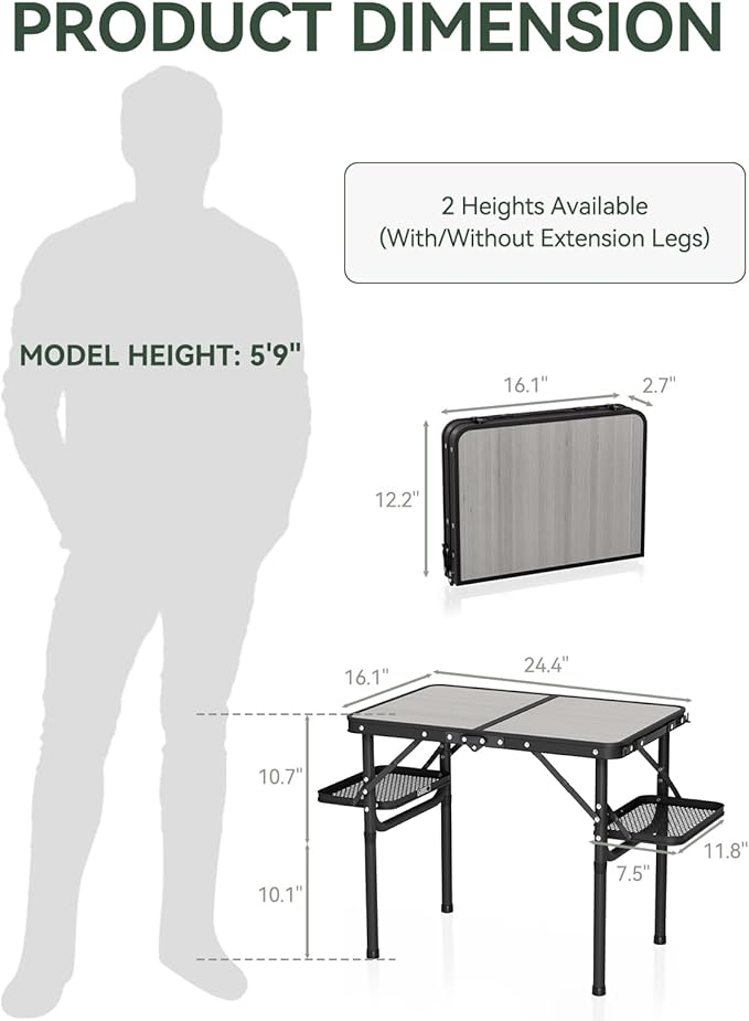 Titanker Folding Camping Table 2ft, Small Folding Camp Table Portable with 50% Extra Space, Small Picnic Table, Portable Beach Desk, Car Camping Essentials, Aluminum Light & Solid