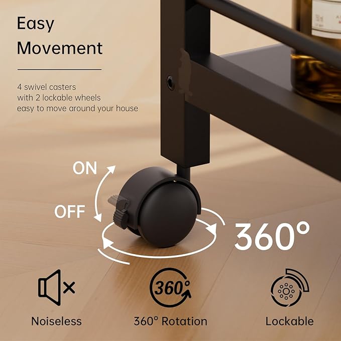 HITNET Bar Cart Black, Serving Cart for Home, 3 Tier Drinks Cart with Wheels, Rolling Beverage Cart for Kitchen Dining Living Room