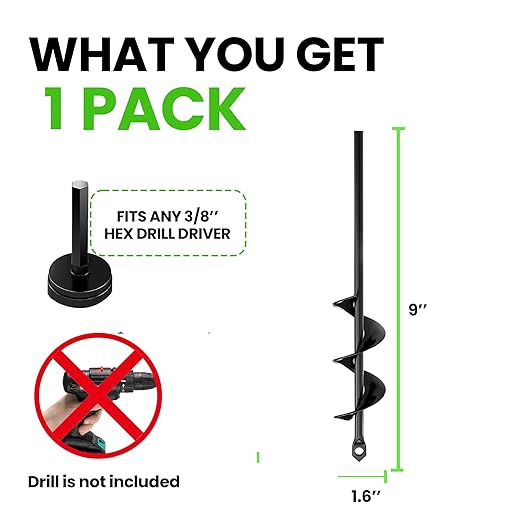 K-Brands Auger Drill Bit for Planting – 1.6 x 9 Inch - Spiral Hole Planter for Bulbs, Bedding Plants, and Umbrella Holes - 3/8 Inch Hex Drive