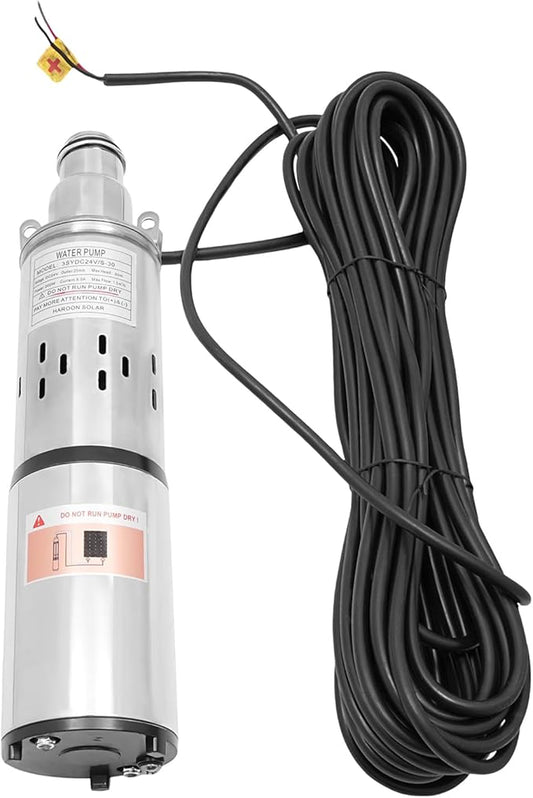 Deep Well Submersible Pump DC 24V 200W Electric Solar Powered Water Pump, 5.3 GPM Flow, 98ft Lift, Farm Ranch Irrigation Submersible Bore Hole Deep Well Pump