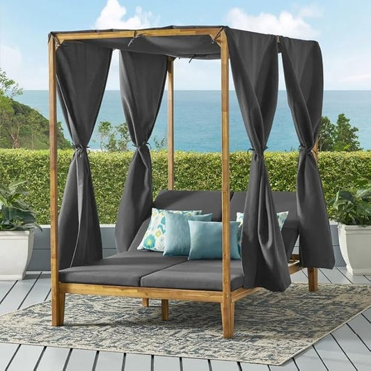 kevinplus Outdoor Patio Sunbed Daybed with Adjustable Reclining Chaise Lounge & Water-Resistant Canopy & Curtain, Solid Wood Construction, Dark Gray