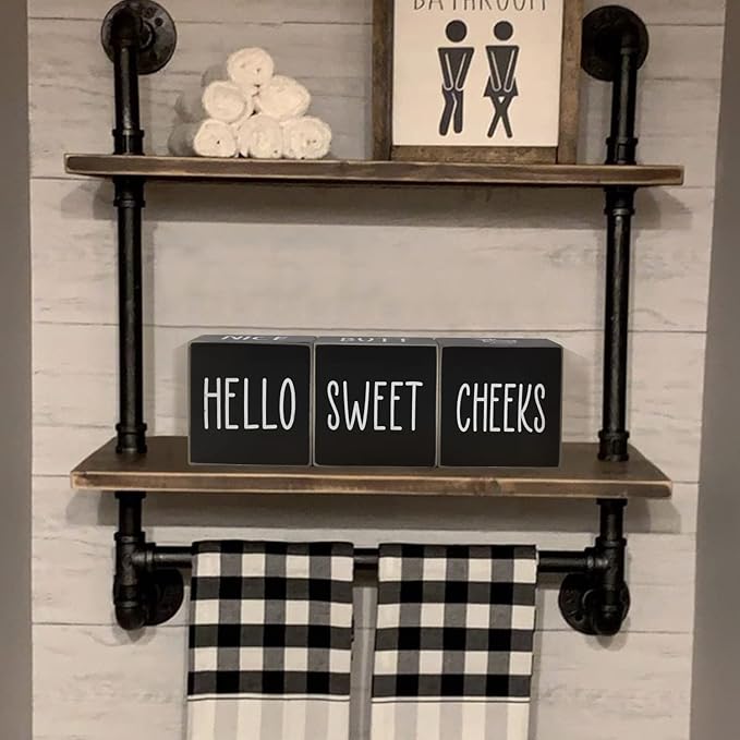 Farmhouse Black Bathroom Decor, 4-Sided Sign - Nice Butt&Get Naked&Hello Sweet Cheeks&Wash Your Hands Wooden Rustic Cute Funny Bathroom Decorations for Shelf Restroom, 2.8"