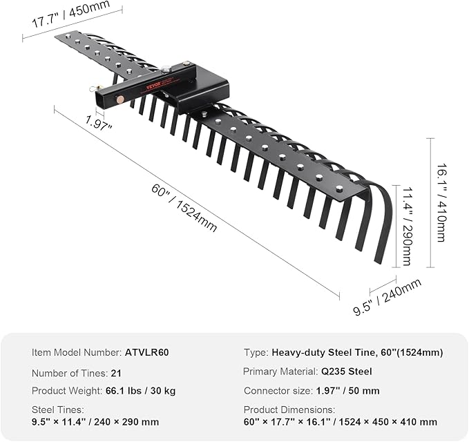 VEVOR Tow Behind Landscape Rake, 60" Tow Dethatcher with 21 Steel Coil Tines, Lawn Dethatcher Rake Attaches to 48" or 60" Toolbars and 3-Point Suspension Systems, for Leaves, Pine Needles, and Grass