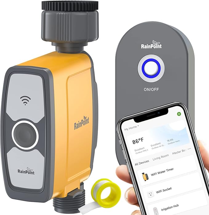 RAINPOINT WiFi Water Timer Hose Timer - Smart Garden Hose Faucet Timer with Weather Aware/3 Irrigation Plan/Automatic Rain Delay - APP Voice Control Sprinkler Valve Timer with WiFi Hub