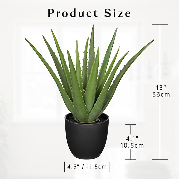 Fake Succulent Aloe Vera Plants 13 Inch Large Artificial Succulents with Black Pot Faux Aloe Potted Plant for Desk Modern Home Office Bedroom Living Room Table Shelf Decor