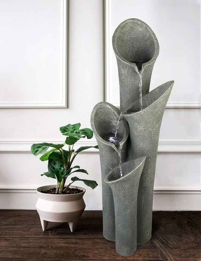 Faux Stone Patio Water Fountain 33 1/2", Bell 4-Tier Cascading Floor Fountain Indoor Outdoor Waterfall Feature with LED Lights for Home Garden Decor