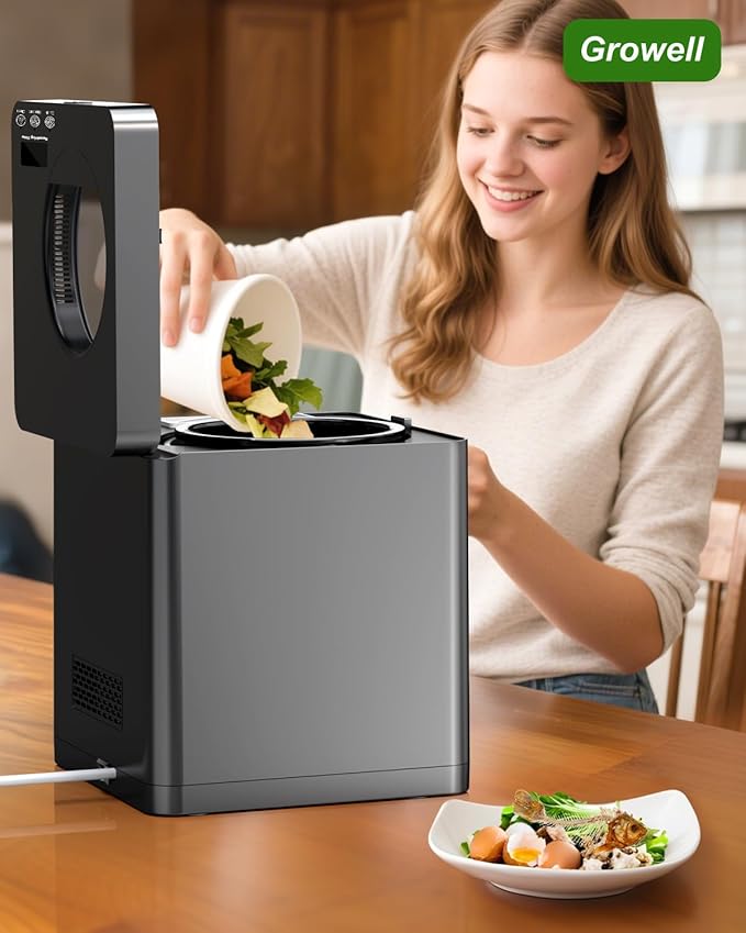 Growell Electric Composter for Kitchen, 2.5L Indoor Countertop Compost Bin Kitchen with LED Display, Visible Window & Carbon Filter, Auto-Clean, 4H/6H Fast Processing, Odorless Food Compost Machine