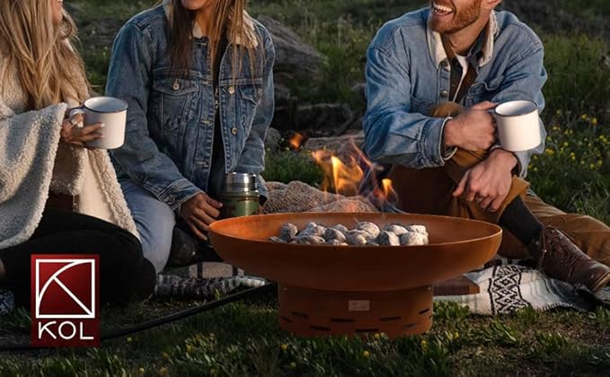 KOL 35" Dia. Heavy-Duty Fire Pit - Pre-Rusted Corten Steel Round Firepit Large Fire Bowl with Stand - Weathering Steel Wood Burning Fireplaces for Outside Backyard Deck Party Bonfire
